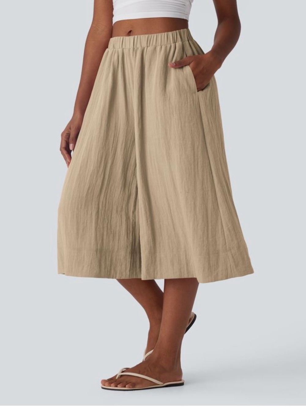 HALARA EUC Mid Rise Wide Leg Flowy Linen-Feel Pants with Pockets (Culottes)